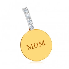 Combined 14K gold pendant - glossy flat circle, "MOM" inscription, zirconic line