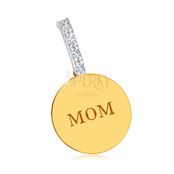 Combined 14K gold pendant - glossy flat circle, "MOM" inscription, zirconic line