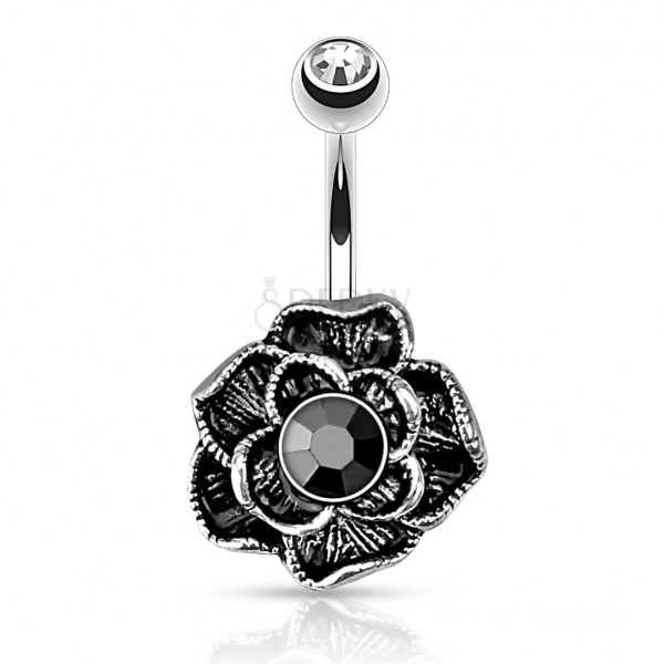 Vintage bellybutton piercing made of stainless steel - blooming rose, black hematite