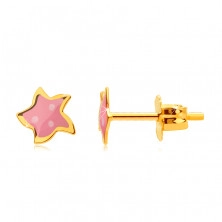 Earrings in yellow 585 gold - star with five points, pink glaze and three dots