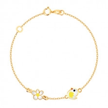 Bracelet in 9K yellow gold - glazed chick, flower with white glaze