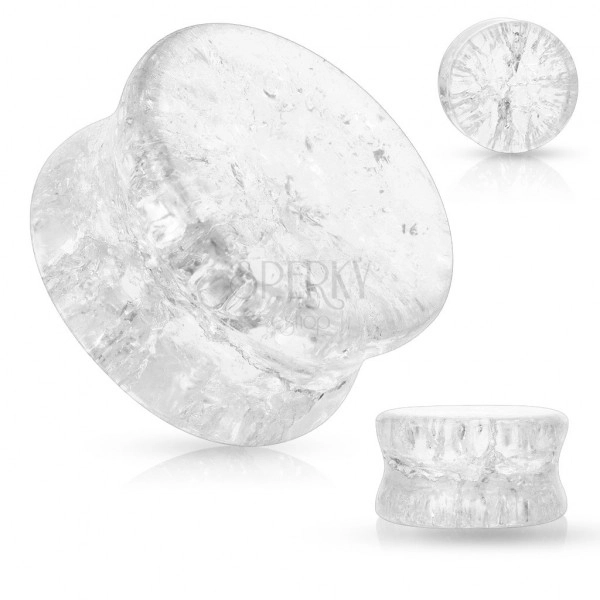 Glass saddle ear plug with rounded edges, transparent, broken effect