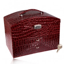 Suitcase jewelry box in burgundy color, crocodile pattern, metal details in silver hue, key
