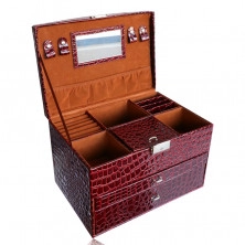 Suitcase jewelry box in burgundy color, crocodile pattern, metal details in silver hue, key