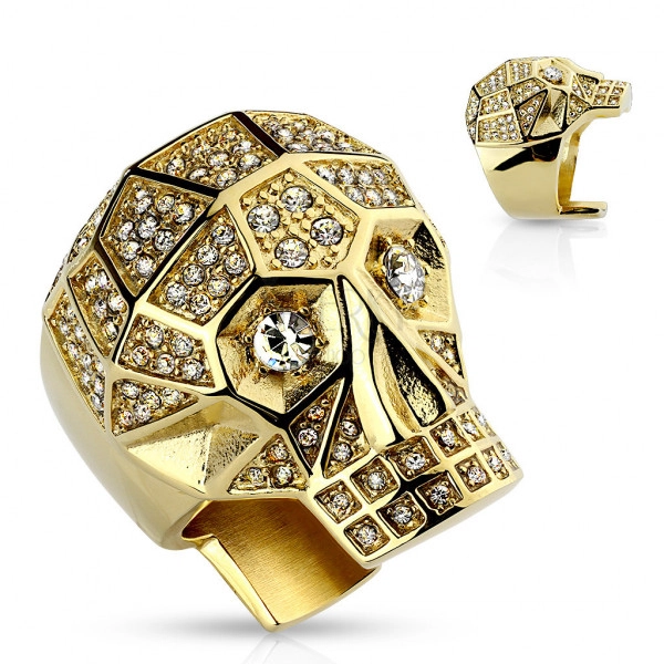 Massive 316L steel ring, gold color, skull, clear crystals