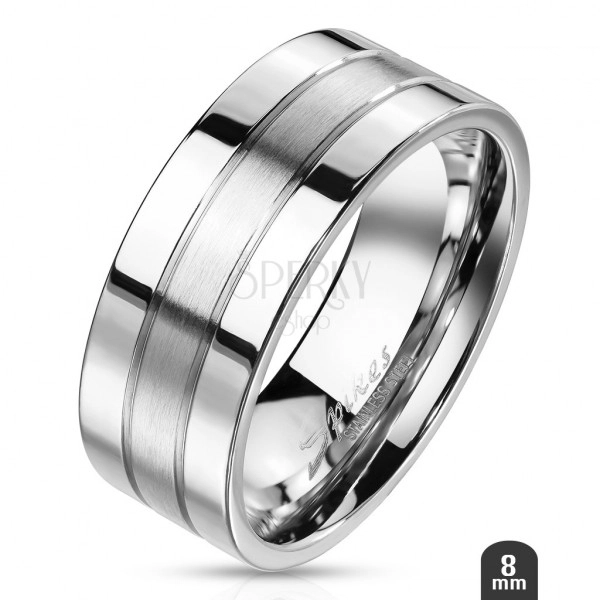 Steel ring with two shiny stripes on the edge and a matte central stripe, 8 mm