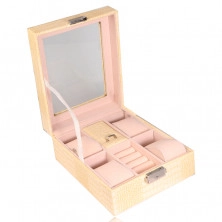 Rectangular jewelry box in creamy color - imitation of crocodile leather, buckle, key