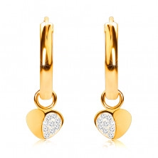 14K Gold earrings, hoops with a heart pendant, French lock, 12 mm