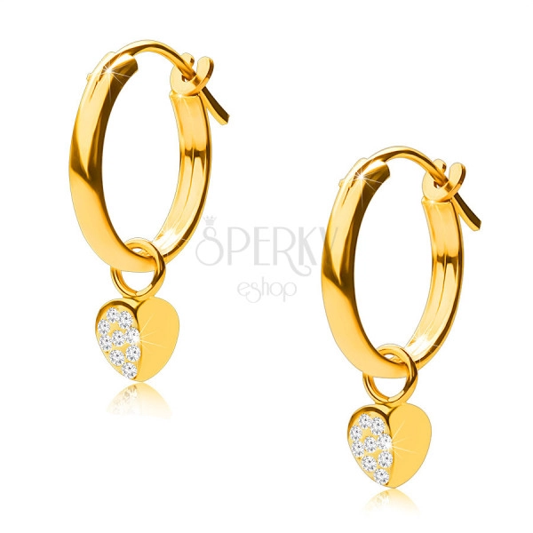 14K Gold earrings, hoops with a heart pendant, French lock, 12 mm
