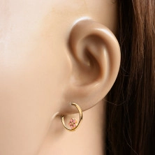 14K Gold round earrings, pink flower, shiny surface, 12 mm