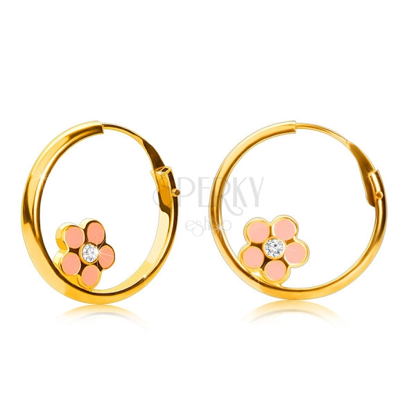 14K Gold round earrings, pink flower, shiny surface, 12 mm