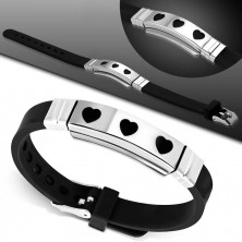 Rubbery bracelet of black colour - steel stamp with three hearts