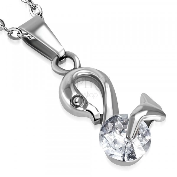 Steel pendant of silver colour - glossy swan with glittery zircons