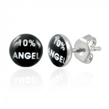 Steel earrings, black circle with white inscription 10% ANGEL