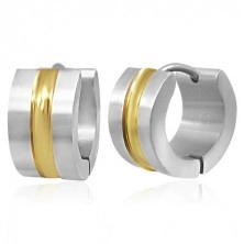 Steel earrings - bicoloured hoops with middle strip in gold colour