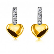 Brilliant earrings made of 14K combined gold - strip with diamonds, smooth heart, studs