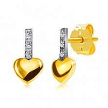 Brilliant earrings made of 14K combined gold - strip with diamonds, smooth heart, studs