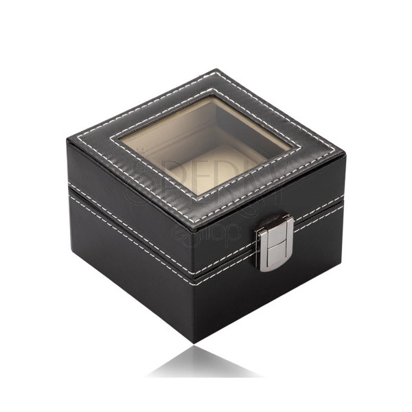 Square jewelry box for watches - black leatherette, shiny metal buckle