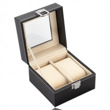 Square jewelry box for watches - black leatherette, shiny metal buckle