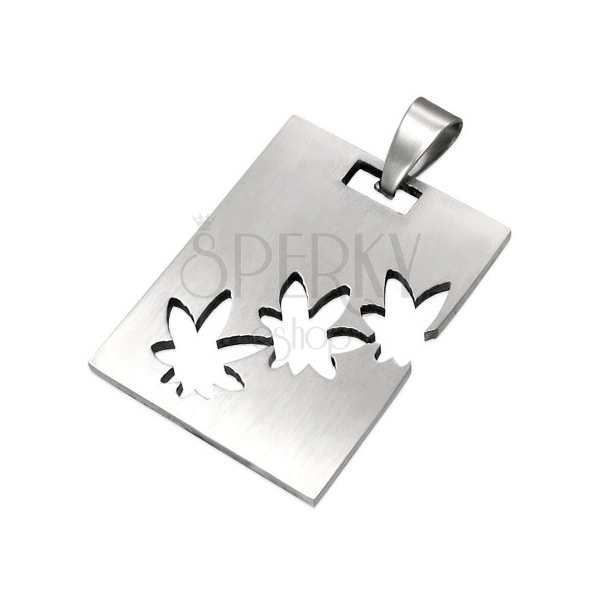 Pendant made of surgical steel in silver colour, oblong with cannabis cutouts
