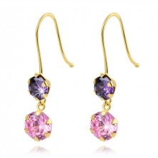 585 Gold dangling earrings – pink and purple zircons, afro hooks