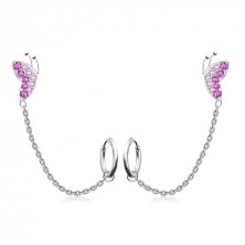 Earrings for two holes in 925 silver – a butterfly with pink zircons, a hoop, a stud