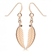 925 Silver brilliant earrings – leaf with black diamond, rose-gold colour