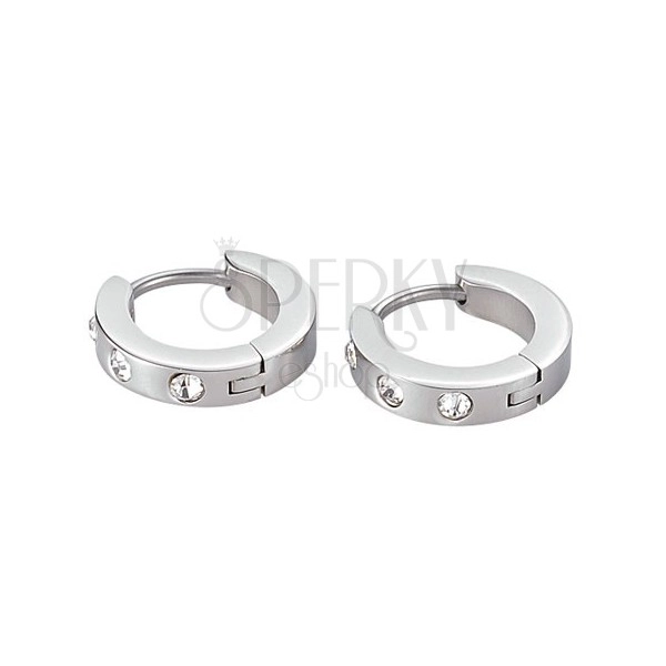 Steel earrings in silver colour - three clear zircons, hinged snap fastening