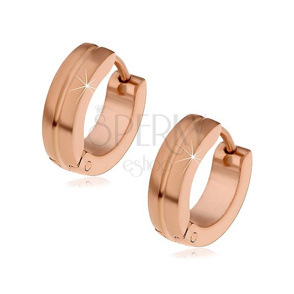Steel earrings with hinged snap fastening, copper colour, circles with notch