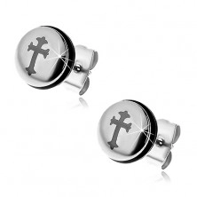 Steel earrings in silver colour, circle with cross and black rubber band