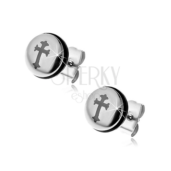 Steel earrings in silver colour, circle with cross and black rubber band