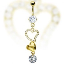 Belly button ring - two golden hearts and zircon