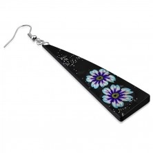 FIMO earrings - black triangles decorated with flowers and glliters, hooks