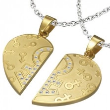 Split heart pendant - gender symbols, zircons