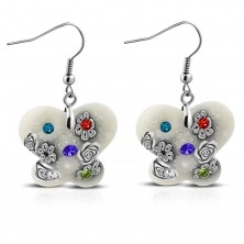 Fimo earrings - white butterfly, grey flowers