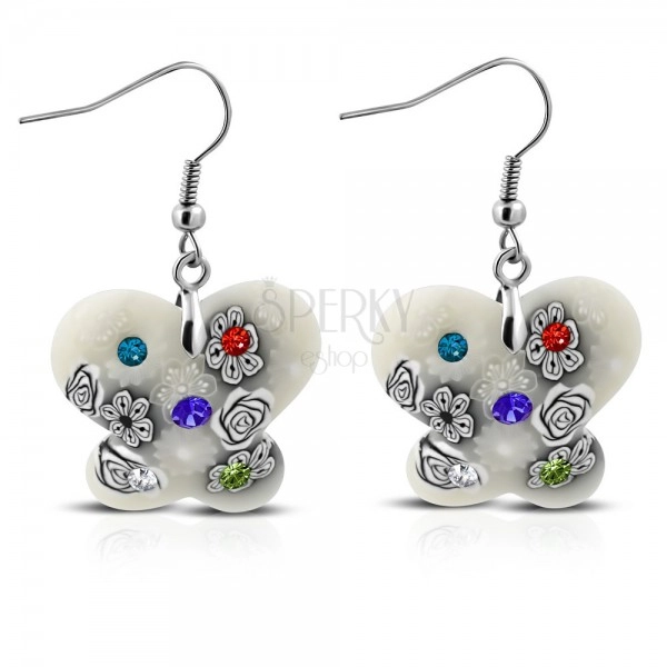 Fimo earrings - white butterfly, grey flowers