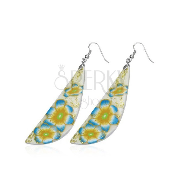 FIMO earrings - white and yellow tear drop, blue flowers