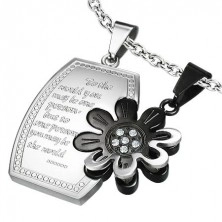 Steel double pendant - tag, flower and zircons