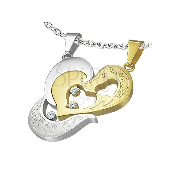 Two-piece steel pendant - golden heart I love you, cross