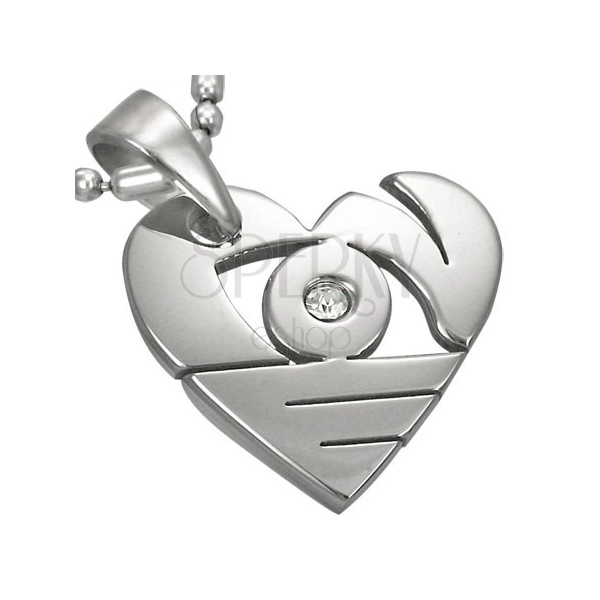 Pendant made of surgical steel in silver colour, shiny heart with cutouts and zircon