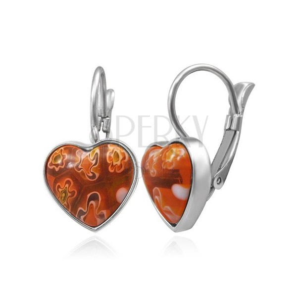 Earrings made of surgical steel - red protruding heart with flower patterns