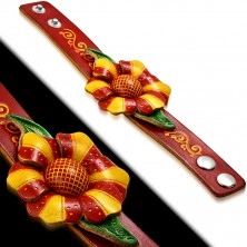 Leather bracelet - orange-red flower, leaves