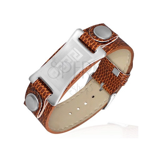 Artificial leather bracelet - brown color, Greek motive