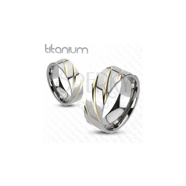 Titanium ring - silver with golden stripes