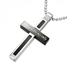 Pendant made of stainless steel, bicoloured cross with love inscription