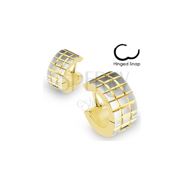 Gold and silver round earrings - engraved crossing lines