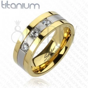 Titanium ring - gold and silver color, three zircons