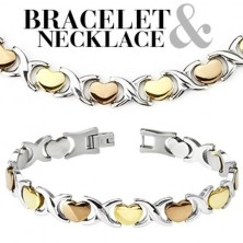Necklace and bracelet set - three tone, hearts, X shapes