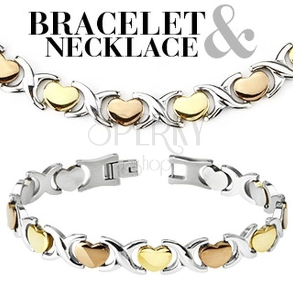 Necklace and bracelet set - three tone, hearts, X shapes