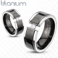 Titanium ring - black stripe, zircon